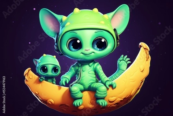 Fototapeta Two cute little baby aliens sitting on the moon. Cartoon 2d illustration. UFO. Humanoid. Alien. Sci Fi Concept With Copy Space.