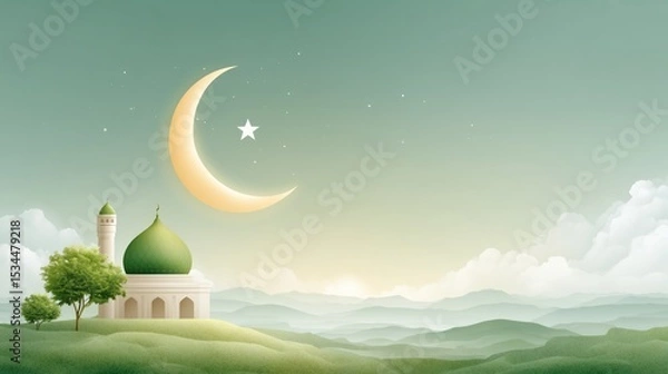 Obraz Pakistani crescent moon and star shining over mosque, August 14 Independence Day. Pakistan vector illustration banner, poster, template, post design.