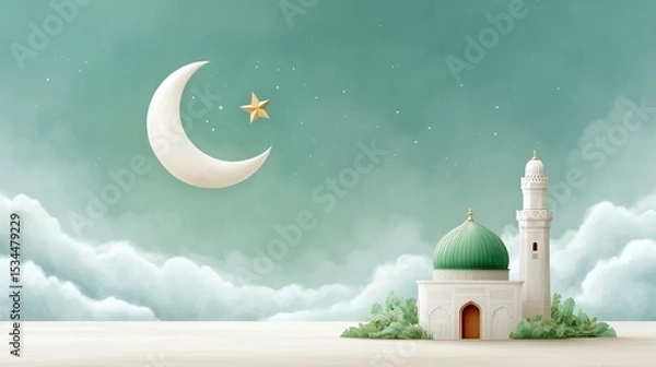 Obraz Pakistani crescent moon and star shining over mosque, August 14 Independence Day. Pakistan vector illustration banner, poster, template, post design.