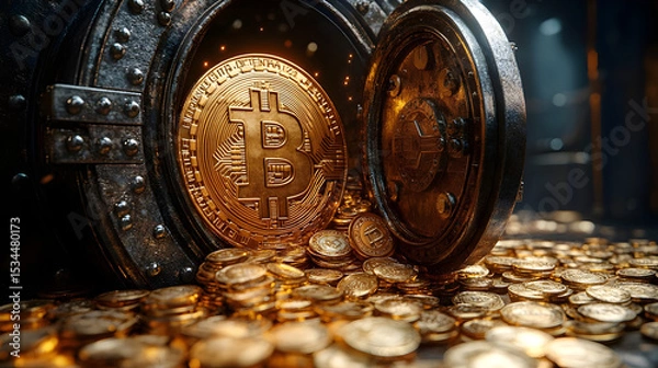 Fototapeta Bitcoin wealth concept: golden bitcoin coins in a vault, cryptocurrency investments