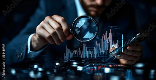 Fototapeta Analyzing stock market data with magnifying glass for investment and finance growth