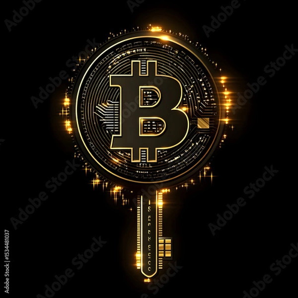 Fototapeta Bitcoin key concept golden cryptocurrency digital asset blockchain technology art