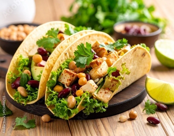 Fototapeta Mexican tacos with beans and tofu AI generated