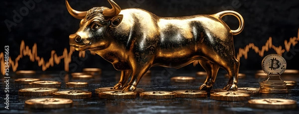 Fototapeta Golden bull statue on bitcoin coins with stock market graph investment concept art