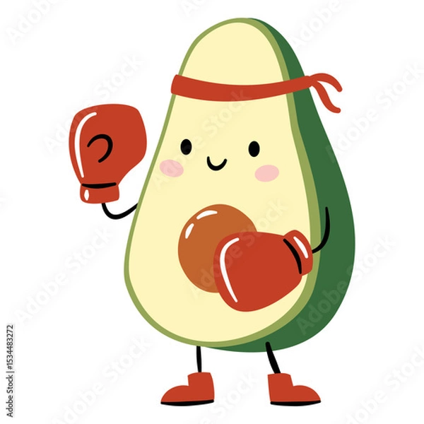 Obraz Cute avocado doing boxing. Flat vector illustration on white background in simple child style. Vector illustration