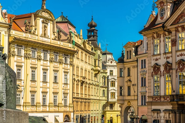 Fototapeta A view down a street leading away from the old town square in central Prague in springtime
