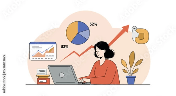 Fototapeta Female asian adult analyzing data on laptop with growth charts and pie graphs vector illustration
