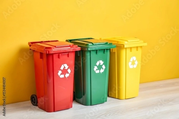Fototapeta Three Color-Coded Recycling Bins on Yellow Background