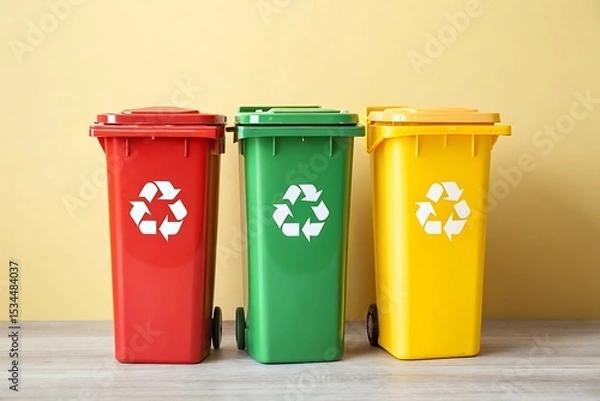 Obraz Three Color-Coded Recycling Bins on Yellow Background