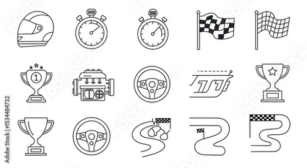 Fototapeta Racing icons: helmet, stopwatch, checkered flag, engine, steering wheel, trophy, track map vector illustration