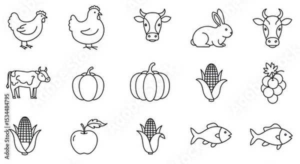 Fototapeta Farm animals and produce line art: chicken, cow, rabbit, corn, pumpkin, grape, fish, apple vector illustration