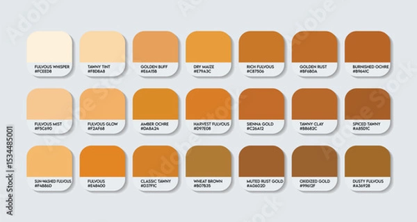 Fototapeta Fulvous Color Palette. Fulvous Tones Swatch Chart with HEX Codes and Color Names. Warm Gold Brown Variants Variants Infused Orange Tone Palette. Light and Highlight Orange color palette design