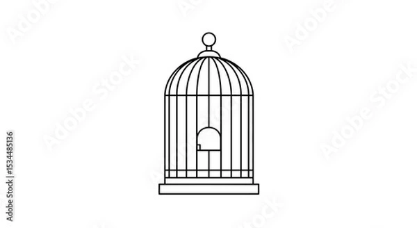 Fototapeta Minimalist empty birdcage design with open door outline in black and white vector illustration