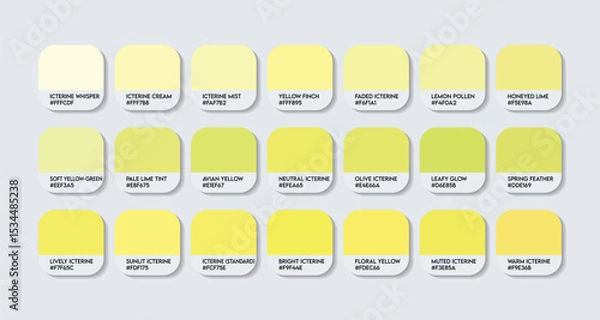 Fototapeta Icterine Color Palette. Icterine Tones Swatch Chart with HEX Codes and Color Names. Green-Yellow and Olive Tints Variants Infused neon Yellow Tone Palette. Golden and Warm Tints Variants color palette