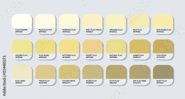 Fototapeta Flax Color Palette. Flax Tones Swatch Chart with HEX Codes and Color Names. Warm Yellow Beige Tones Variants Infused light Yellow Tone Palette. Earthy and Gray Tinted Variants color palette design
