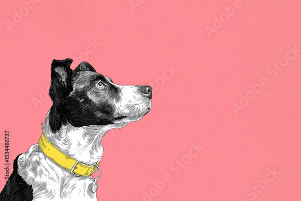 Fototapeta Cute jack russell terrier in a yellow collar on a pink background with copy space for text. 