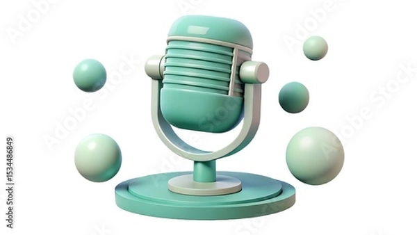 Fototapeta 3d rendered microphone with floating spheres on a white background podcasting audio recording concept.