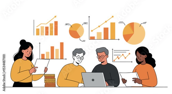 Fototapeta Diverse team analyzing financial data with charts and laptop vector illustration
