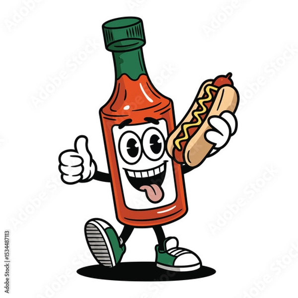 Obraz A playful cartoon of a tall glass bottle of hot sauce with big eyes, wearing sneakers