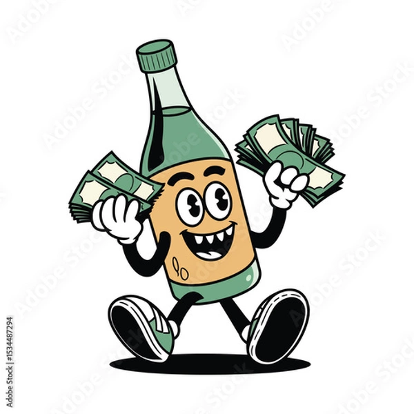 Obraz A cheerful, anthropomorphic bottle character with a light green cap and a mix of green and tan coloring on its body is standing upright