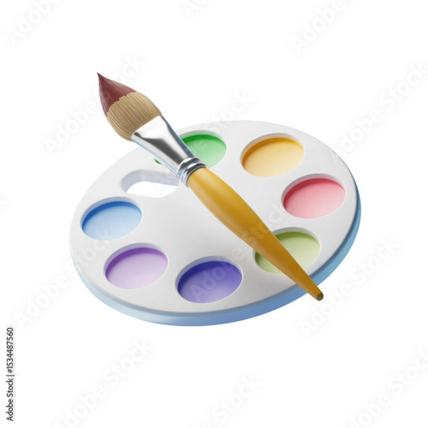 Fototapeta Paint palette and paintbrush illustration for art supplies and creative painting projects design 3d render