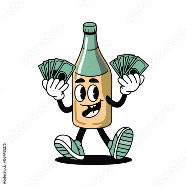 Obraz A cheerful, anthropomorphic bottle character with a light green cap and a mix of green and tan coloring on its body is standing upright