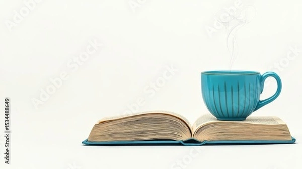 Fototapeta A steaming cup of tea on an open book, evoking cozy moments of reading and relaxation.