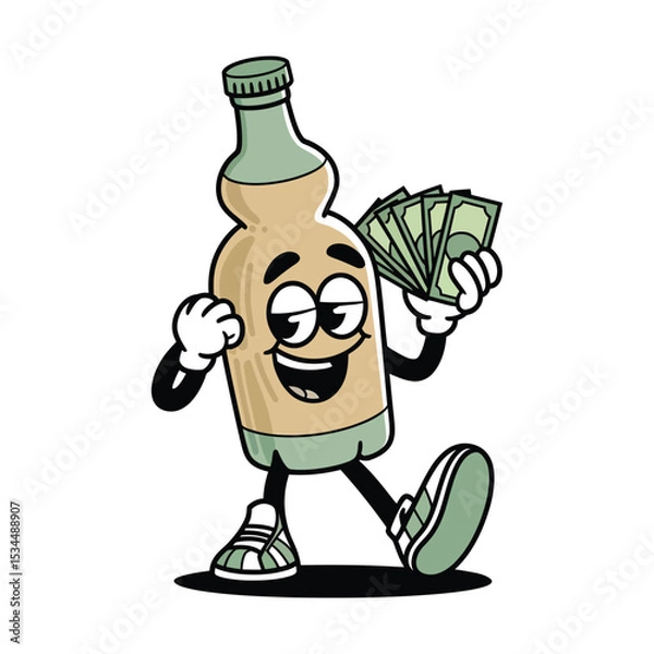 Obraz A cheerful, anthropomorphic bottle character with a light green cap and a mix of green and tan coloring on its body is standing upright