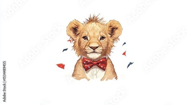 Fototapeta A charming illustration of a young lion wearing a polka-dot bow tie, exuding playful charisma and cuteness.