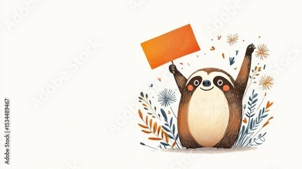 Fototapeta A cheerful sloth holds a blank sign surrounded by colorful decorations, perfect for playful designs or messages.