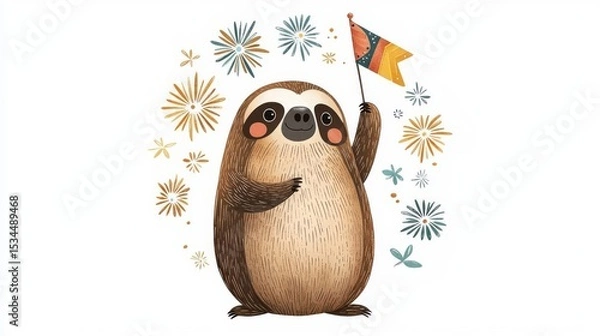 Fototapeta A cheerful sloth waving a flag surrounded by colorful stars, perfect for whimsical and fun designs.