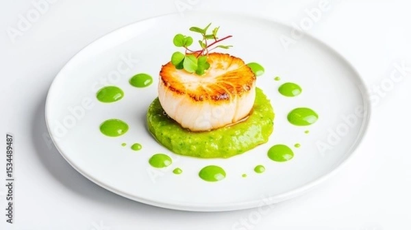 Fototapeta Gourmet scallop served on a bed of vibrant green puree, garnished with microgreens and edible droplets.