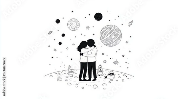 Fototapeta Illustration of a couple embracing amidst a whimsical cosmic background, symbolizing love and connection in the universe.
