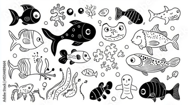 Fototapeta A whimsical illustration of various fish and aquatic life in black and white, perfect for creative projects.