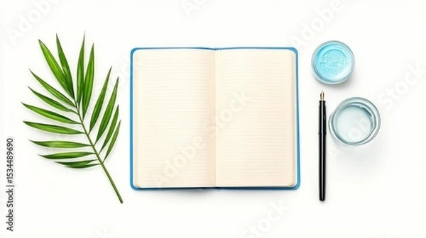 Fototapeta An open notebook with a pen, paint, and a palm leaf adds a creative touch to your workspace and inspires imagination.