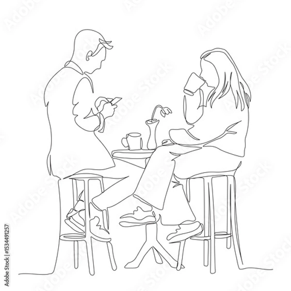 Fototapeta Couple with drinks at street cafe table. Man using phone for online menu. Side view. Continuous line drawing. Black and white vector in line art style.