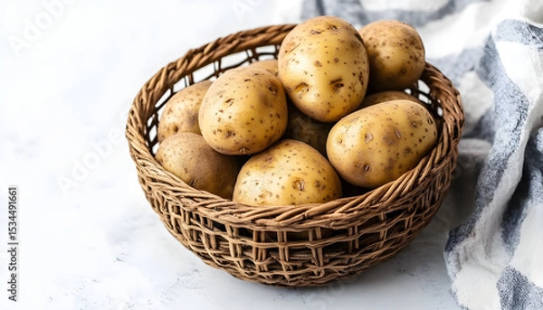Obraz Wicker bowl with raw potatoes on white table
