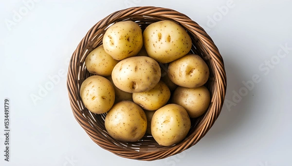 Obraz Wicker bowl with raw potatoes on white table
