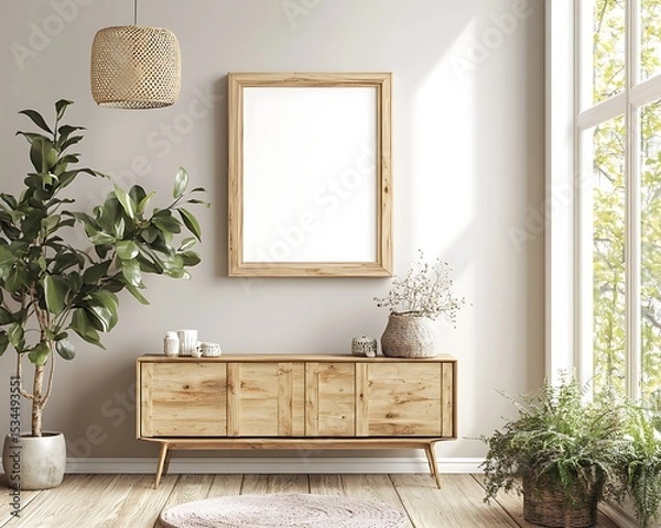 Fototapeta Minimalist Scandinavian Living Room with Wooden Console Table and Rattan Details in Soft Natural Light