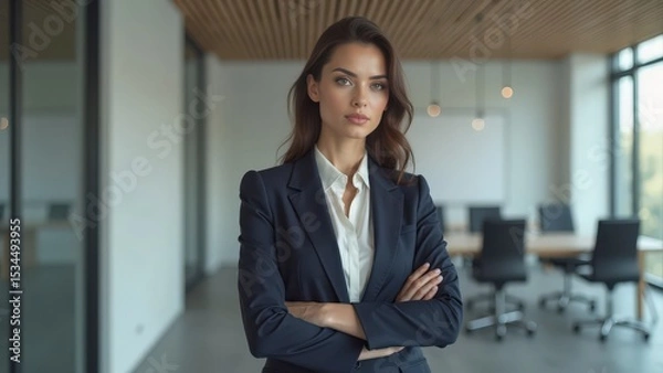 Fototapeta A confident, intelligent woman in a sharp business suit stands poised with elegance. Her gaze reflects ambition, power, and grace