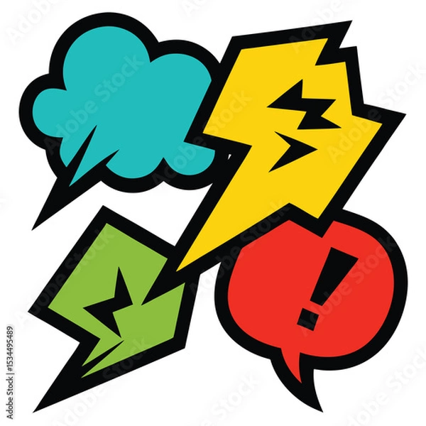 Obraz Colorful comic book elements with lightning bolts and exclamation point illustration