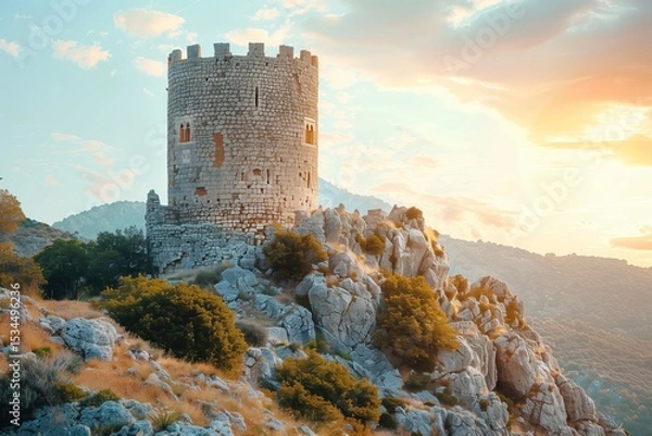 Obraz Ancient stone tower atop a rocky hill, surrounded by scenic landscape and bright sunset sky, evoking history and exploration.