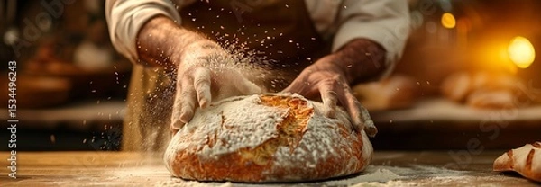 Obraz Artisan baker skillfully kneads fresh dough, creating delicious bread with floury hands in a warm, inviting kitchen.