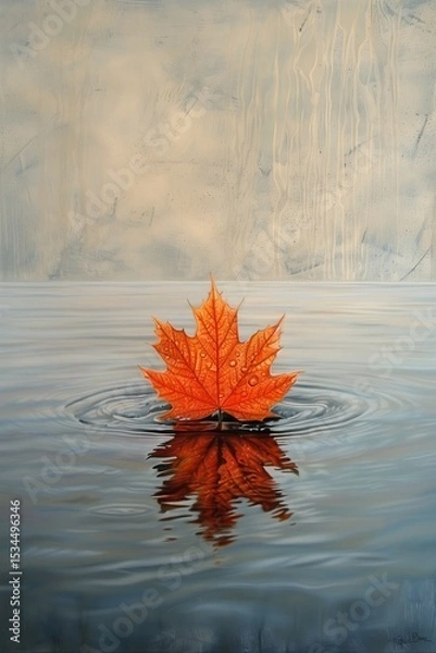 Fototapeta Beautiful orange leaf floating on water, creating ripples and reflections in a serene environment.