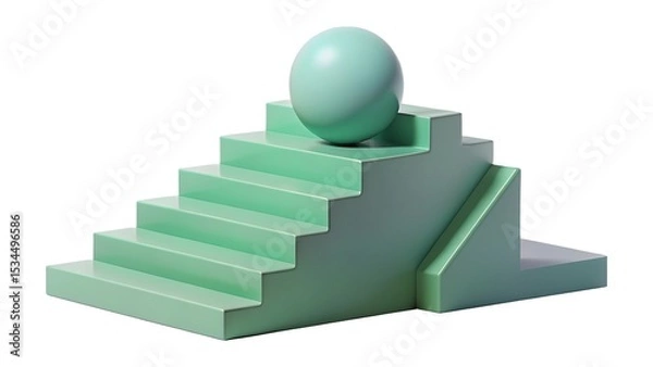 Fototapeta Abstract geometric composition featuring pastel green sphere and staircase against white background