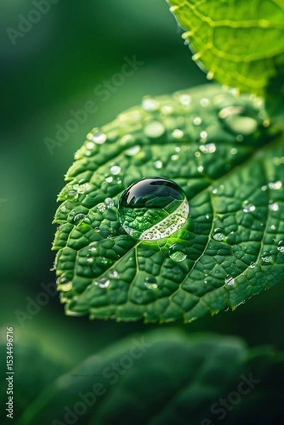 Obraz Close-up of a green leaf adorned with water droplets, showcasing nature's beauty and refreshing essence.