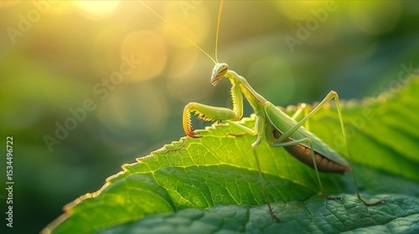 Obraz Close-up of a green mantis perched on a leaf, basking in warm sunlight, showcasing nature's intricate beauty.
