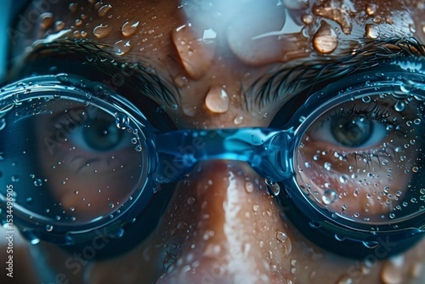 Obraz Close-up of a swimmer's focused gaze behind wet goggles, showcasing determination and intensity in preparation for competition.