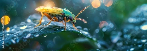 Obraz Close-up of a vibrant insect on a leaf with raindrops, showcasing nature's beauty in a colorful environment.