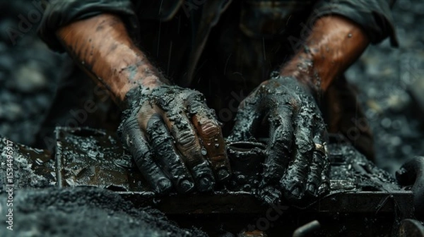 Obraz Close-up of dirty hands working with tools in a dark coal environment, showcasing hard labor and craftsmanship.